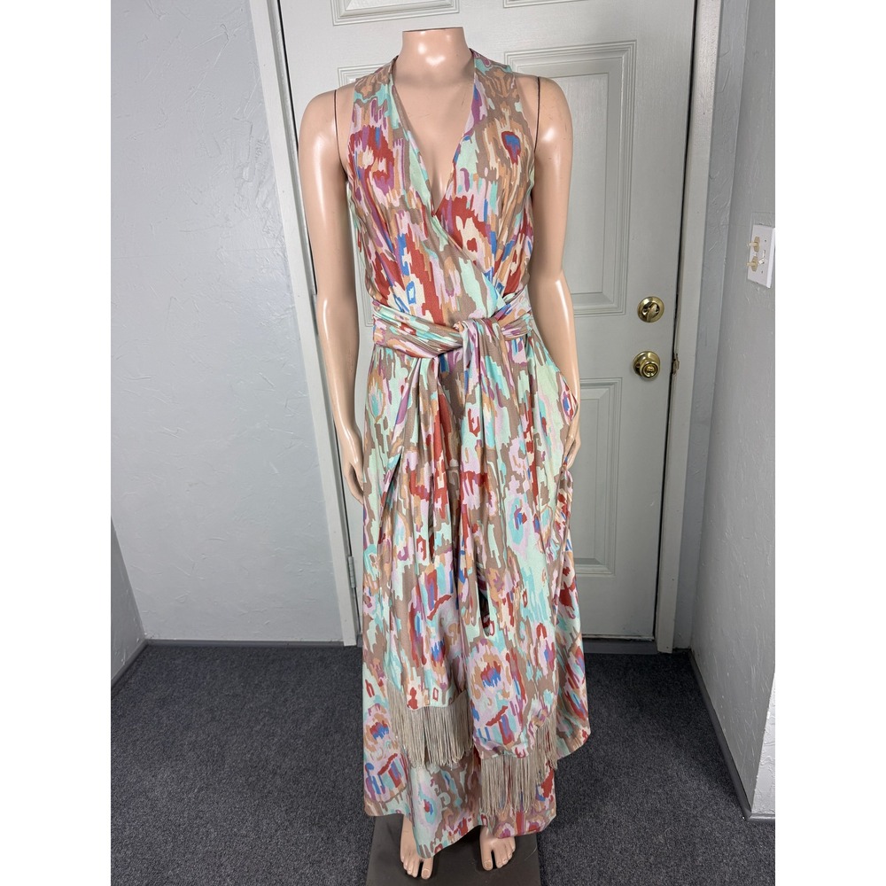 Vintage 70s Handmade Dress Maxi Polyester Wrap Tie Printed Pockets G27